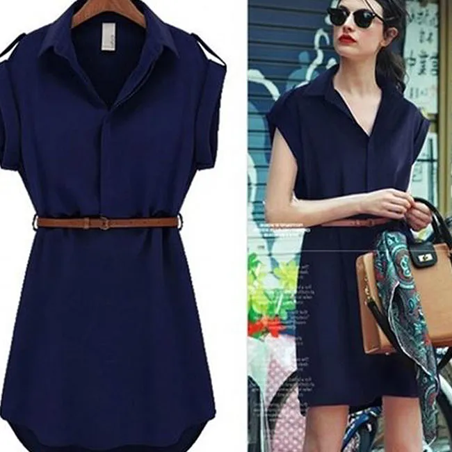 S-XXL V-neck Irregular Hem Sash Shirt Dress
