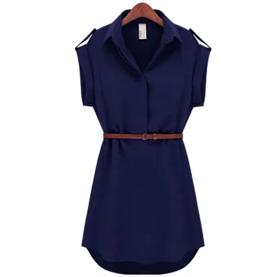 S-XXL V-neck Irregular Hem Sash Shirt Dress