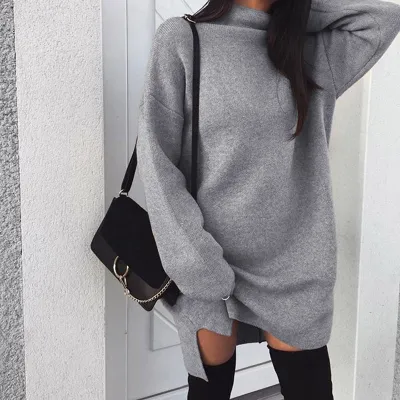 Winter Women Turtleneck Long-Sleeve Side-Slit Loose Knitted Dress
