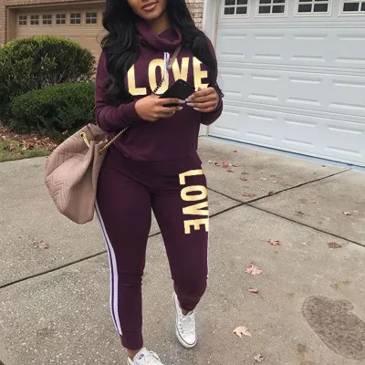 S-3XL Turtleneck Letter Print T-Shirt And Pants Casual Two-piece Set