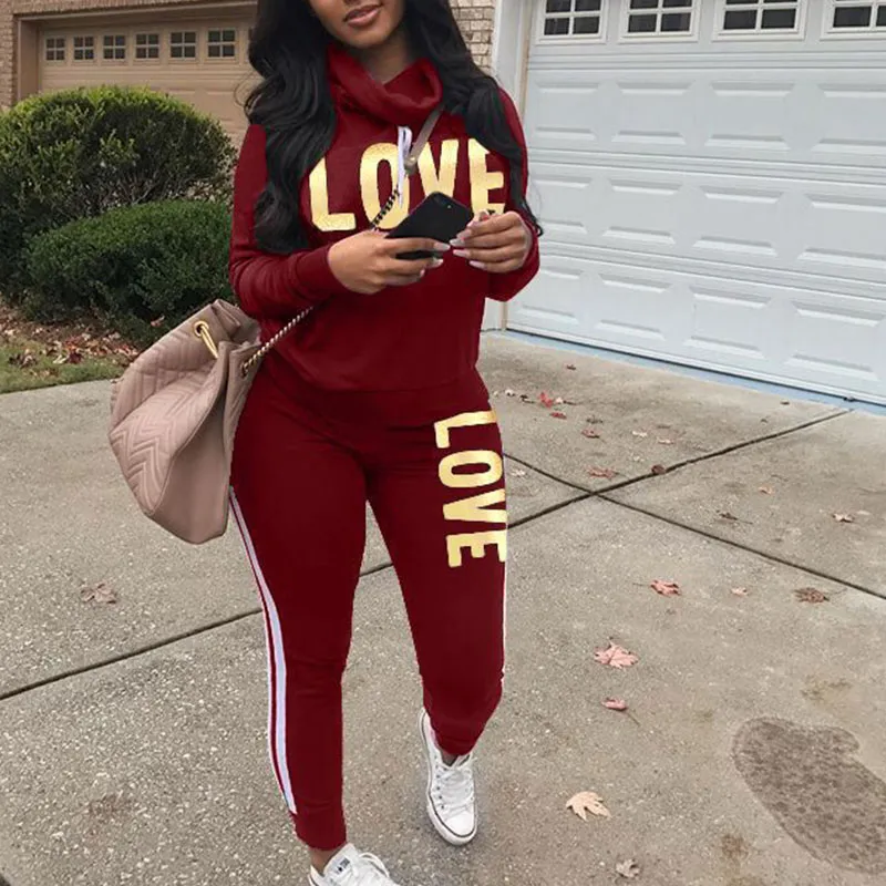 S-3XL Turtleneck Letter Print T-Shirt And Pants Casual Two-piece Set