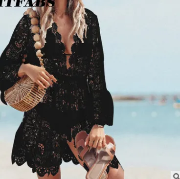 White Lace See-through V-neck Long-sleeve Cover-Up Dress