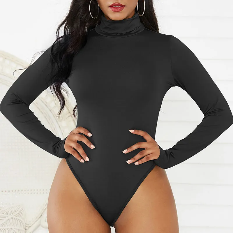S-XL Women Solid Color Turtleneck Long Sleeve Bodysuits