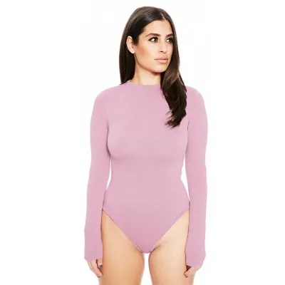 S-XL Women Sexy Round Collar Solid Color Long Sleeve Bodysuit