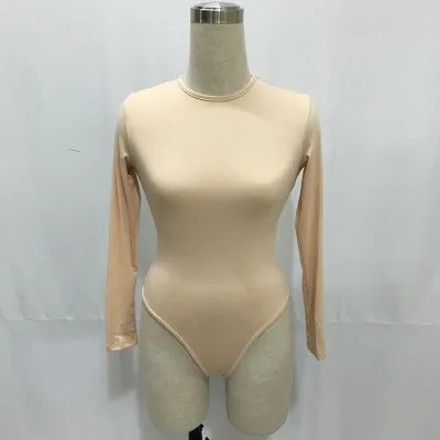 S-XL Women Sexy Round Collar Solid Color Long Sleeve Bodysuit