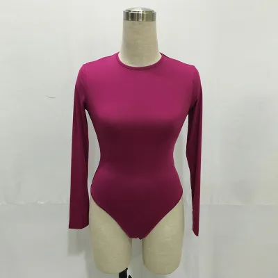 S-XL Women Sexy Round Collar Solid Color Long Sleeve Bodysuit