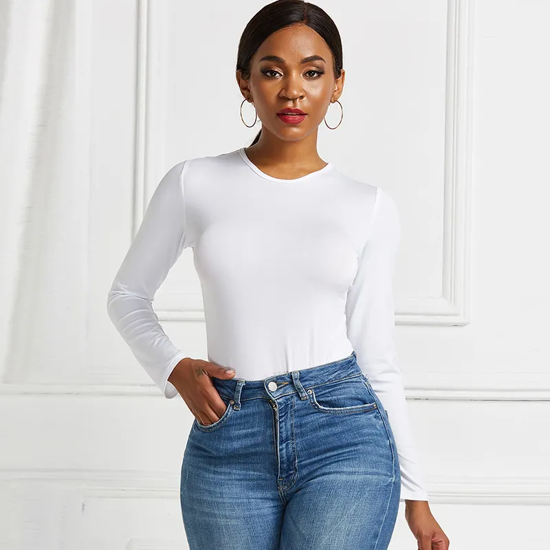 S-XL Women Sexy Round Collar Solid Color Long Sleeve Bodysuit