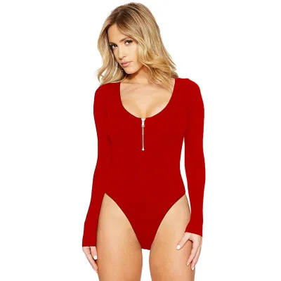 S-3XL Sexy Round Neck Zipper Long Sleeve Bodysuit