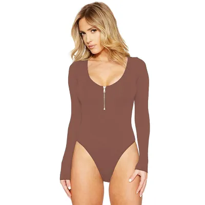 S-3XL Sexy Round Neck Zipper Long Sleeve Bodysuit