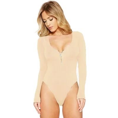 S-3XL Sexy Round Neck Zipper Long Sleeve Bodysuit