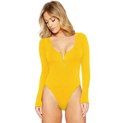 S-3XL Sexy Round Neck Zipper Long Sleeve Bodysuit