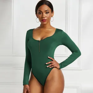 S-3XL Sexy Round Neck Zipper Long Sleeve Bodysuit