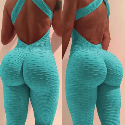 S-XL Backless Jacquard Fitness Sports Leggings Jumpsuit