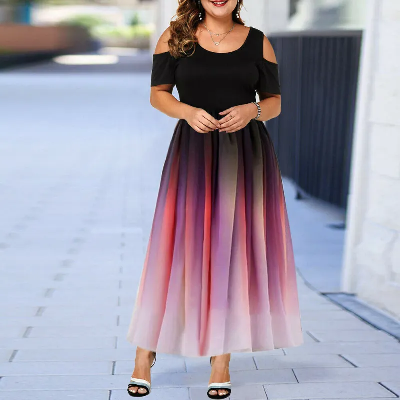 L-6XL Women Plus Size Round Collar Gradient Color Cool-shoulder Street Hipster Dress