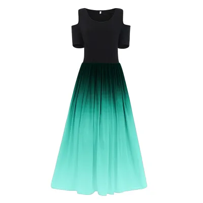 L-6XL Women Plus Size Round Collar Gradient Color Cool-shoulder Street Hipster Dress