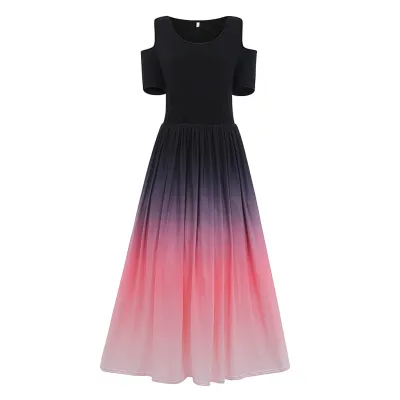 L-6XL Women Plus Size Round Collar Gradient Color Cool-shoulder Street Hipster Dress