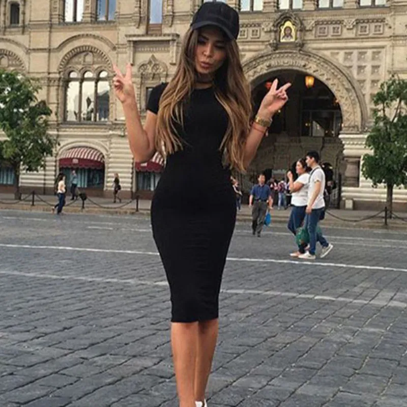S-XL Solid Color Short Sleeve Round Collar Bodycon Dress