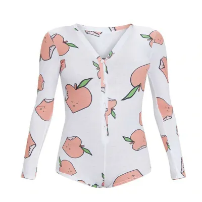 S-XL Women V-Neck Printed Long Sleeve Romper