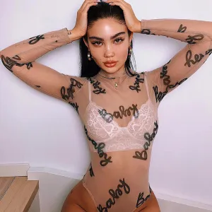 S-L Sexy Letter Print Mesh See-through Long Sleeve Bodysuit