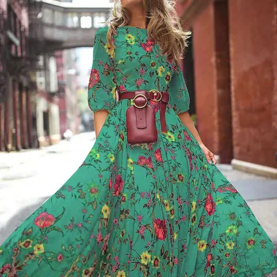 S-XXL Round Neckline Floral Printed Casual Maxi Boho Dress