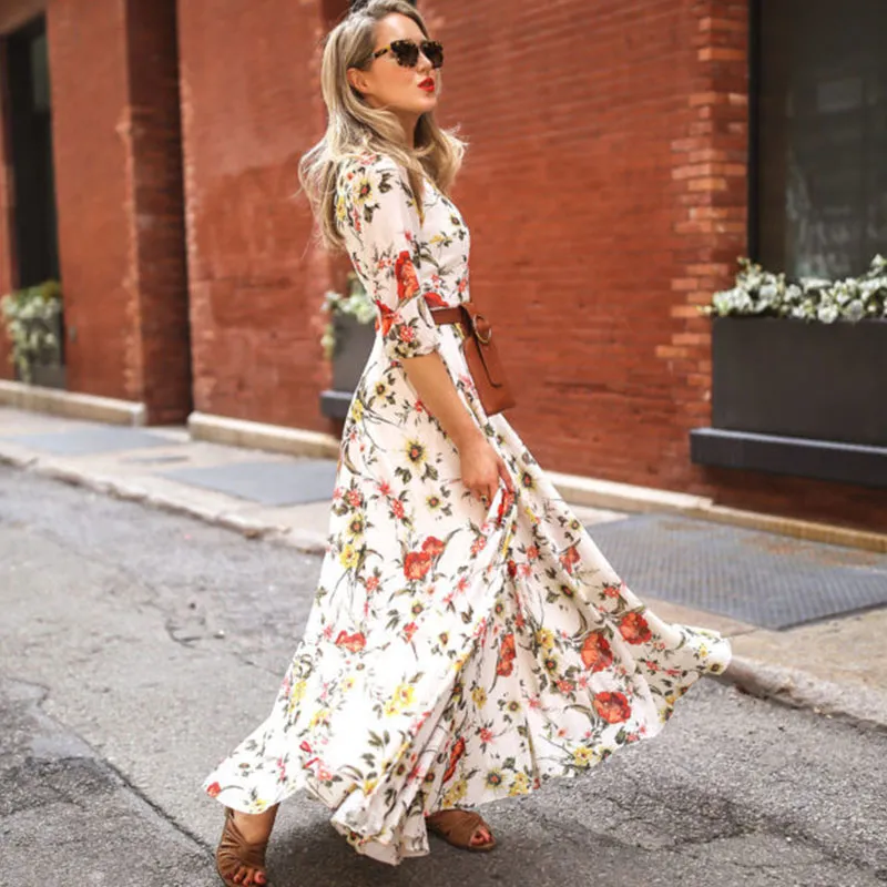 S-XXL Round Neckline Floral Printed Casual Maxi Boho Dress