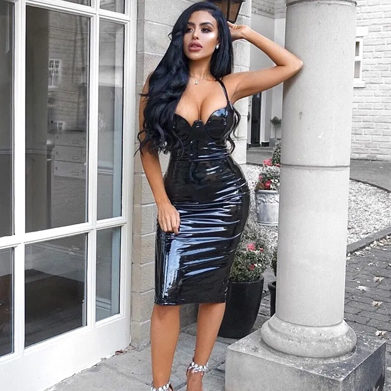 S-4XL Sexy Sleeveless PU Leather Bodycon Sling Dress