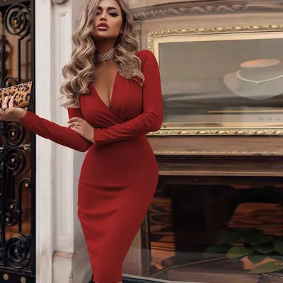 S-XXL Women Fashion Long-sleeve Deep V Neck Pleated Midi Dress