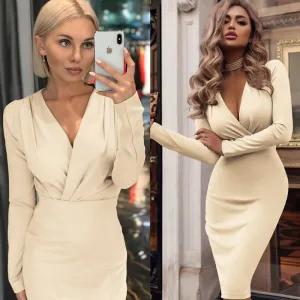 S-XXL Women Fashion Long-sleeve Deep V Neck Pleated Midi Dress