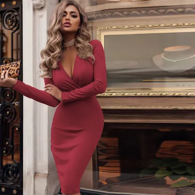 S-XXL Women Fashion Long-sleeve Deep V Neck Pleated Midi Dress