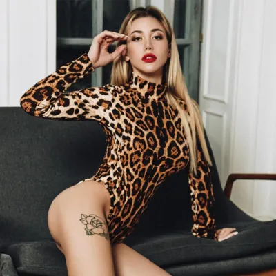S-XL Sexy Leopard Print Turtleneck Long Sleeve Bodysuit