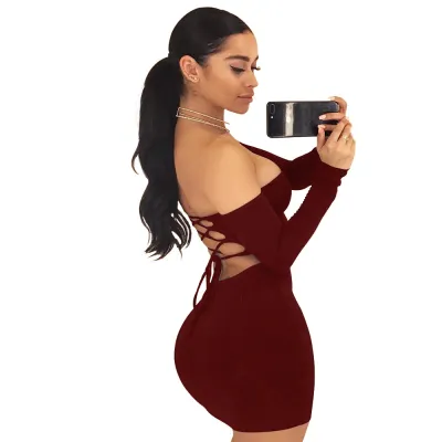 S-XL Sexy Off-the-Shoulder Backless Lace-up Long-sleeve Bodycon Dress