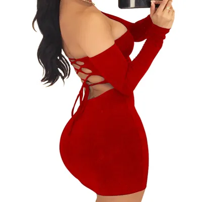 S-XL Sexy Off-the-Shoulder Backless Lace-up Long-sleeve Bodycon Dress