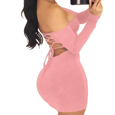 S-XL Sexy Off-the-Shoulder Backless Lace-up Long-sleeve Bodycon Dress