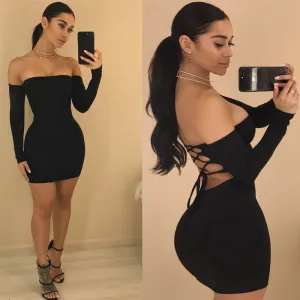 S-XL Sexy Off-the-Shoulder Backless Lace-up Long-sleeve Bodycon Dress