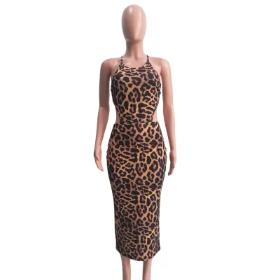 S-3XL Sexy Backless Sleeveless Hollow Leopard Print Bodycon Dress