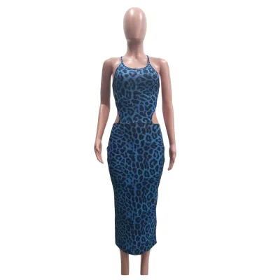 S-3XL Sexy Backless Sleeveless Hollow Leopard Print Bodycon Dress