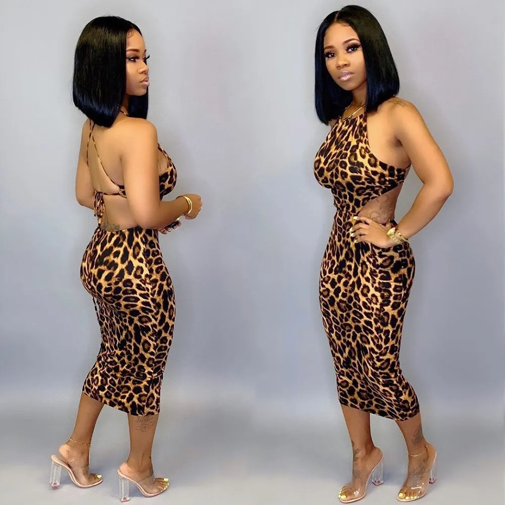 S-3XL Sexy Backless Sleeveless Hollow Leopard Print Bodycon Dress