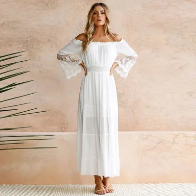 S-XL Off-the-Shoulder Lace Patchwork Long-sleeve Defined Waist Maxi Dress