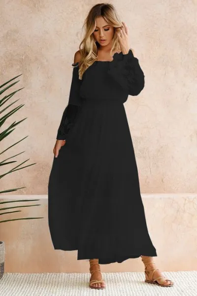 S-XL Off-the-Shoulder Lace Patchwork Long-sleeve Defined Waist Maxi Dress