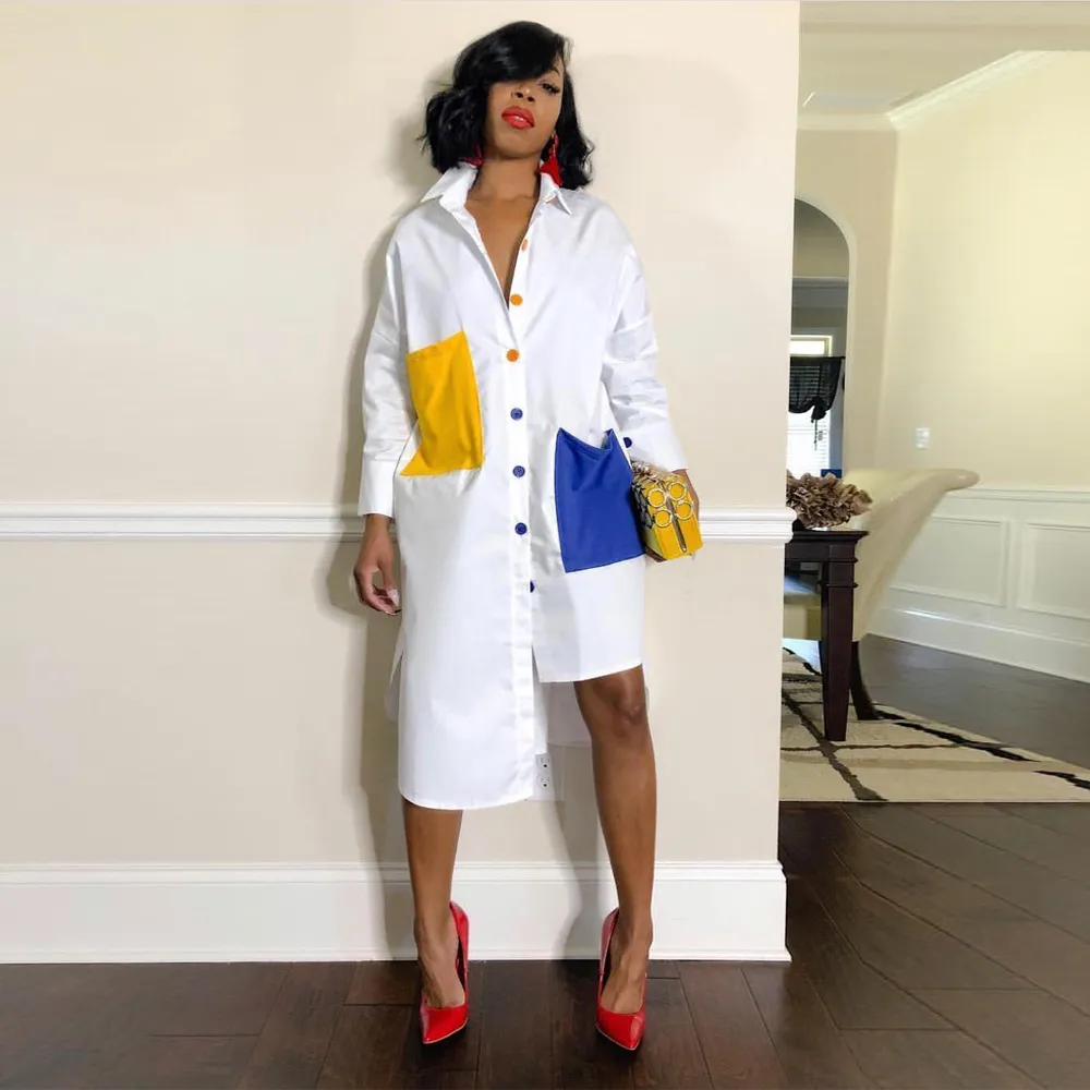S-XL Color Blocking Single-breasted Lapel Long-sleeve Irregular Hem Casual Dress