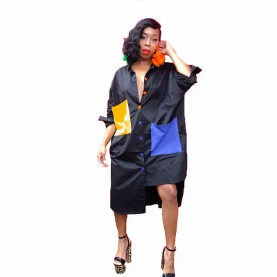 S-XL Color Blocking Single-breasted Lapel Long-sleeve Irregular Hem Casual Dress