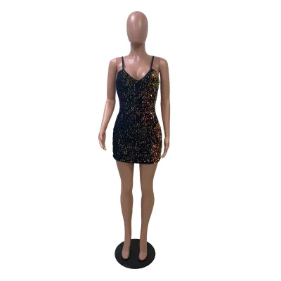 Nightclub Sexy Sequins V-neck Sleeveless Sling Bodycon Dress