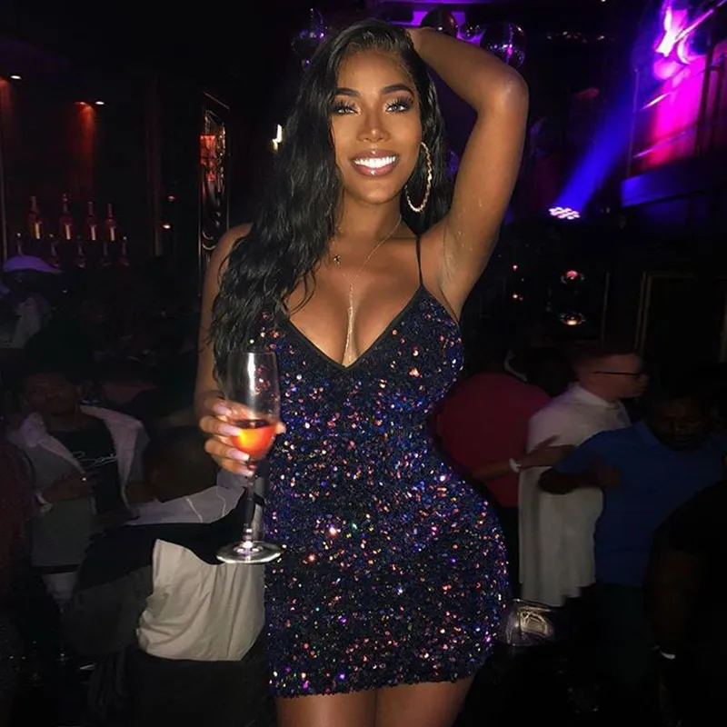 Nightclub Sexy Sequins V-neck Sleeveless Sling Bodycon Dress