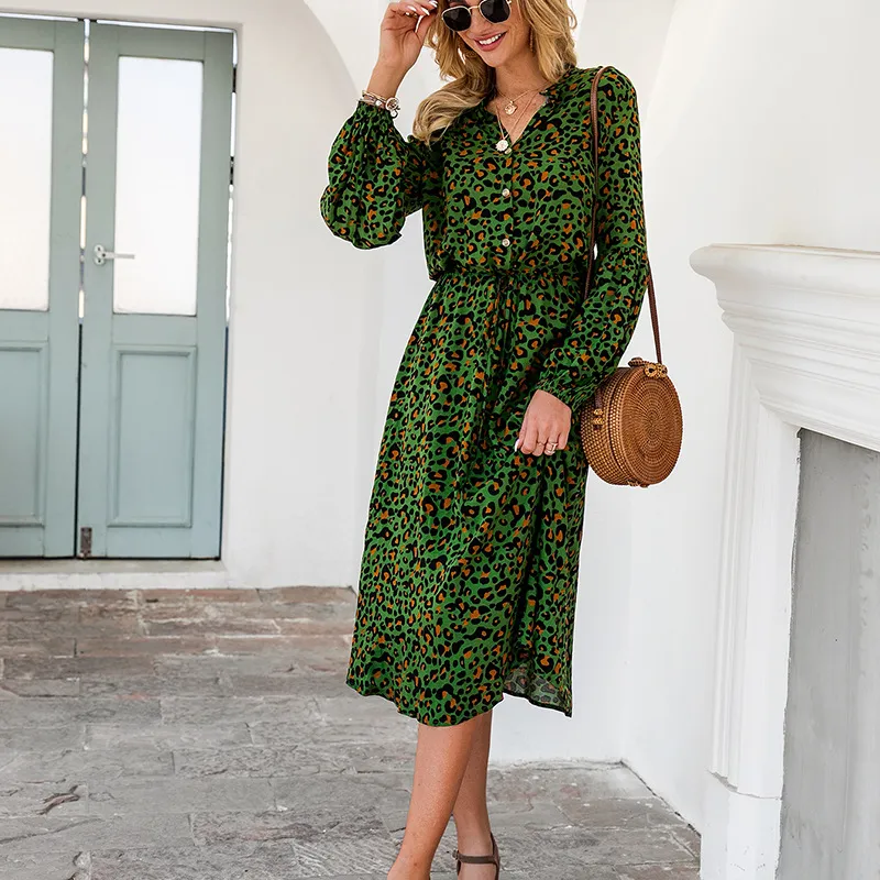 Lace Trim V Neck Leopard Print Shirred Dress - Fairlie Curved