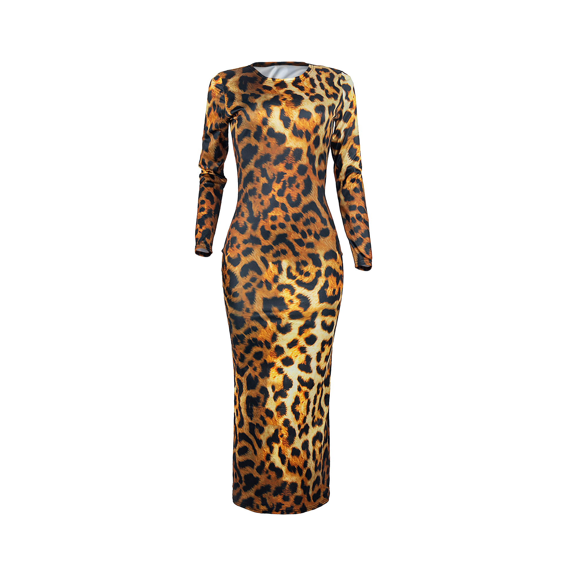 Wholesale S-XXL Sexy Leopard Round Neckline Long-sleeve Maxi