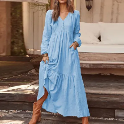 S-3XL Vintage Style Solid Color V-neck Single-breasted Long-sleeve Maxi Boho Dress
