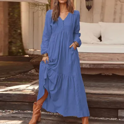 S-3XL Vintage Style Solid Color V-neck Single-breasted Long-sleeve Maxi Boho Dress