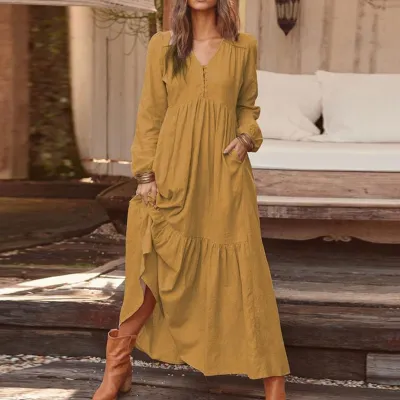 S-3XL Vintage Style Solid Color V-neck Single-breasted Long-sleeve Maxi Boho Dress