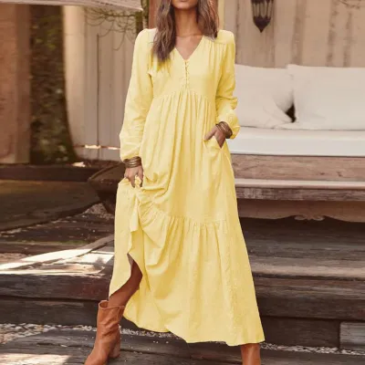 S-3XL Vintage Style Solid Color V-neck Single-breasted Long-sleeve Maxi Boho Dress