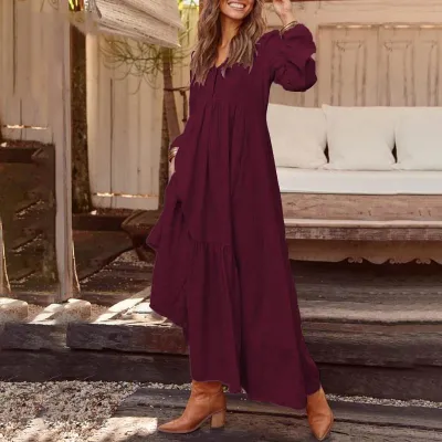 S-3XL Vintage Style Solid Color V-neck Single-breasted Long-sleeve Maxi Boho Dress